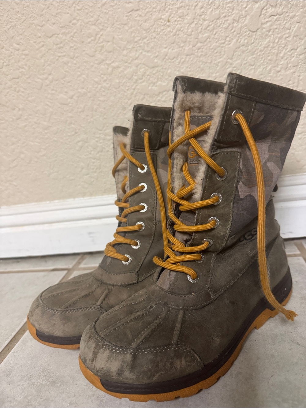 UGG Olive Suede Lace-Up Winter Boots with Mustard Laces